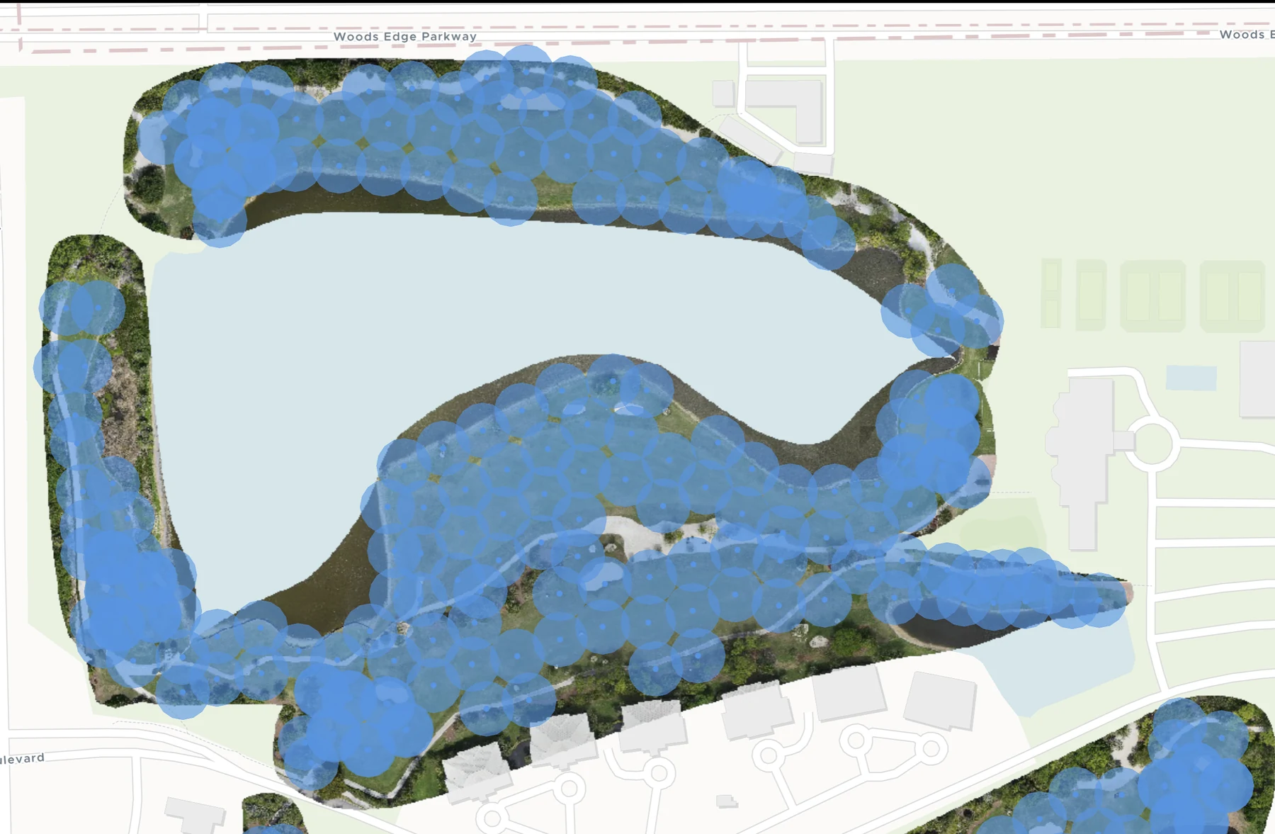 Dense irrigation coverage map over a golf course fairway