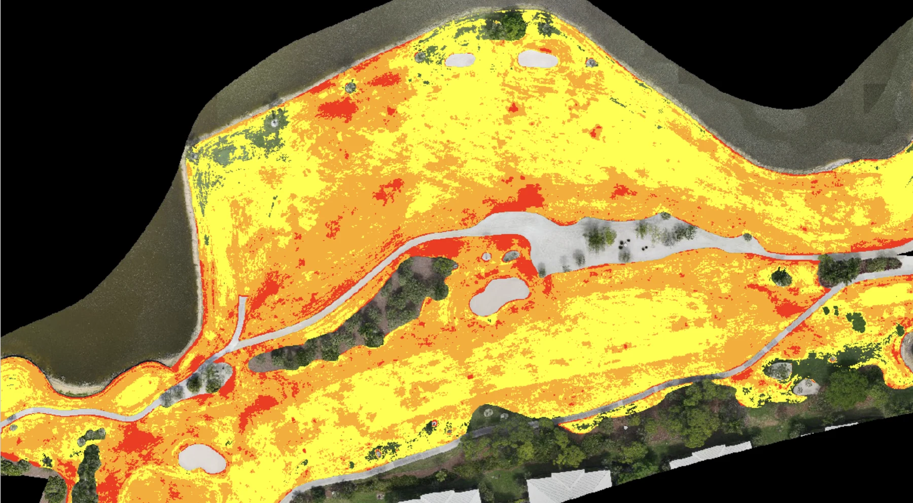 Turflogic stress map, multispectral aerial showing invisible turf stress in color